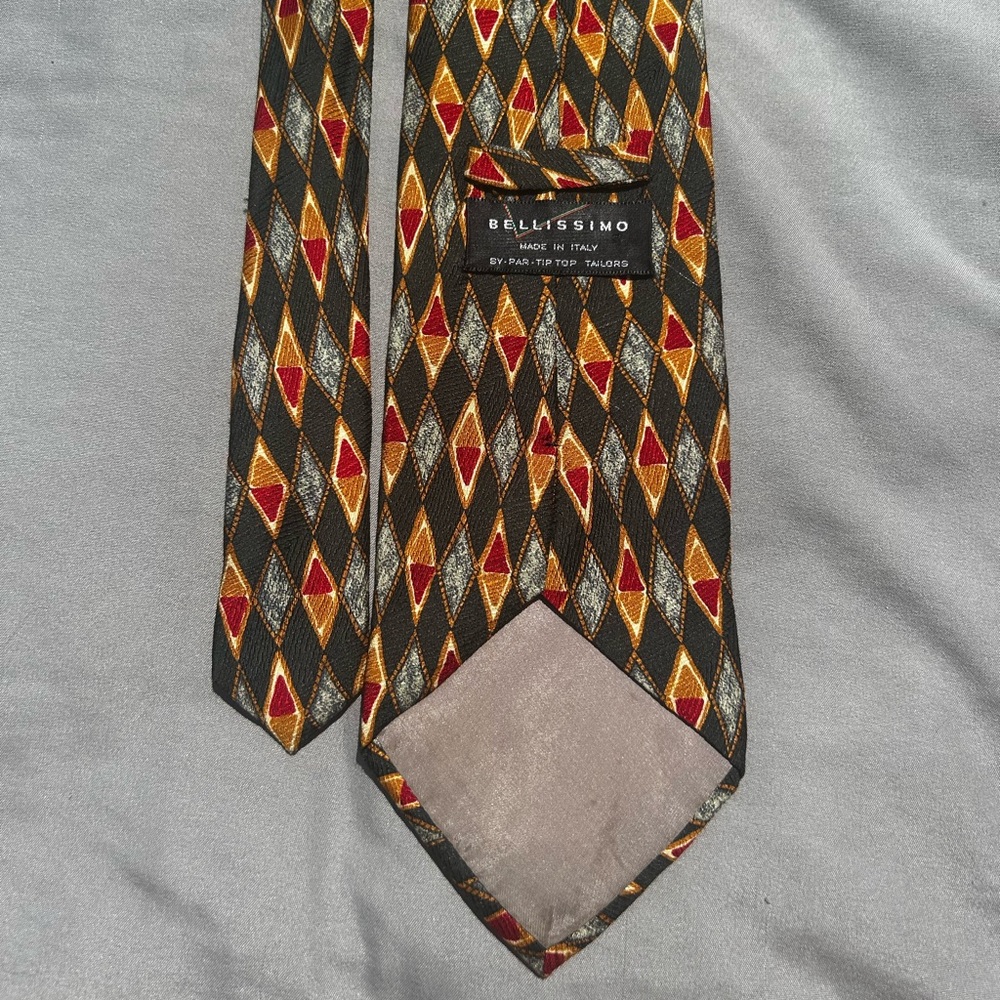 Vintage Bellissimo Silk  Geometric Tie - Green, Red, Gold. Made in Italy